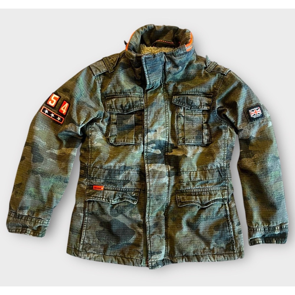 Superdry Rookie Edition Jacket Green Camo Military Sherpa Lined Coat Kids 7-8